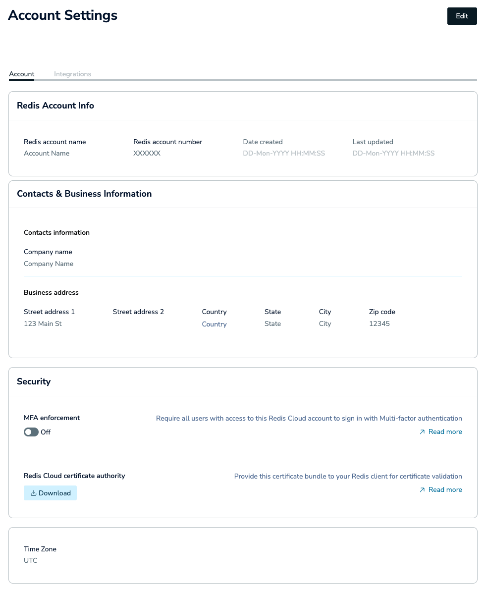 Use the Account tab of the Account Settings screen to review and update settings associated with your Redis Cloud account.